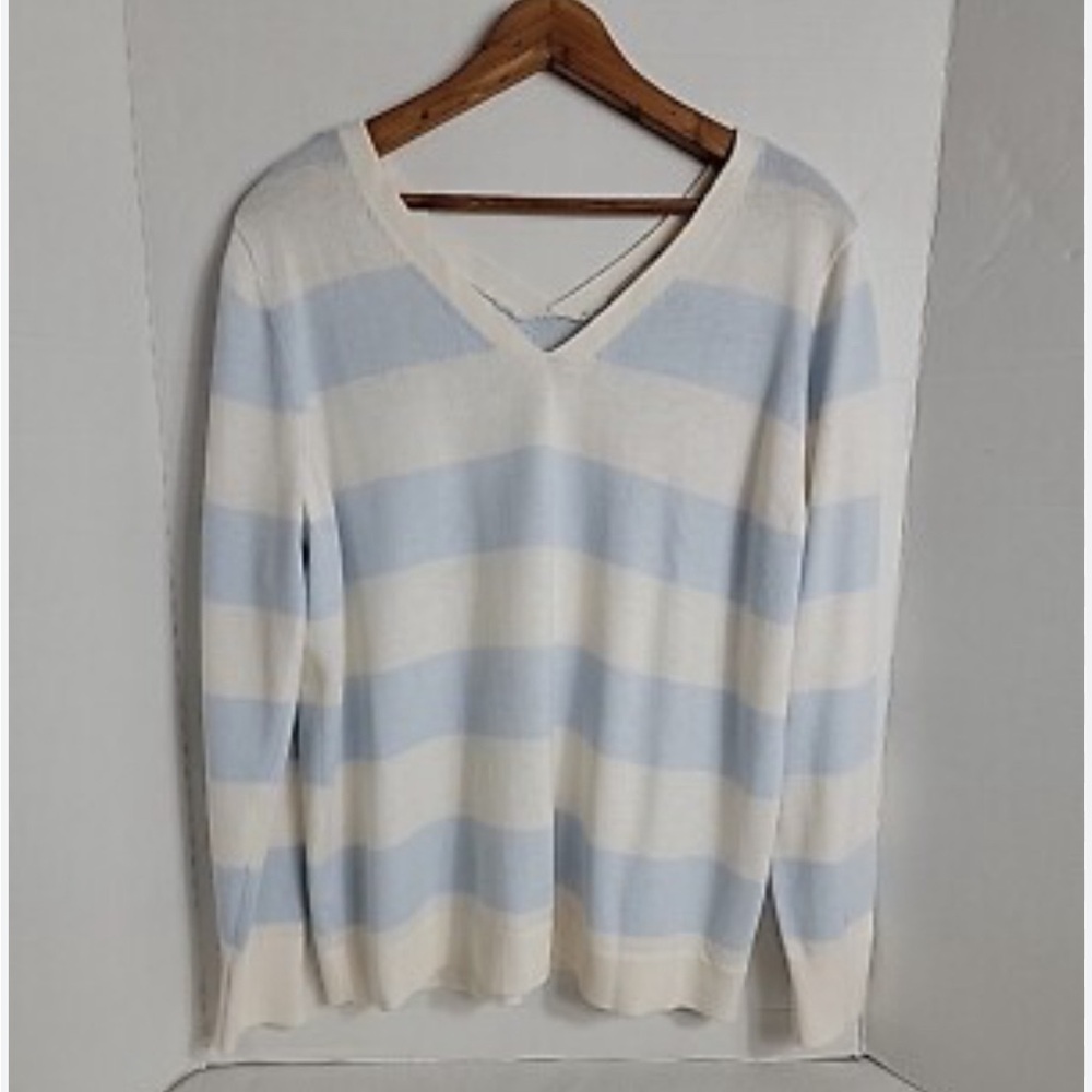 LOFT Light Blue and Cream V-Neck Sweater